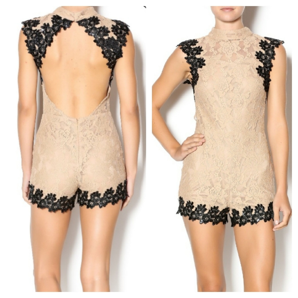🚨Open Back Mocha & Black Lace Romper
